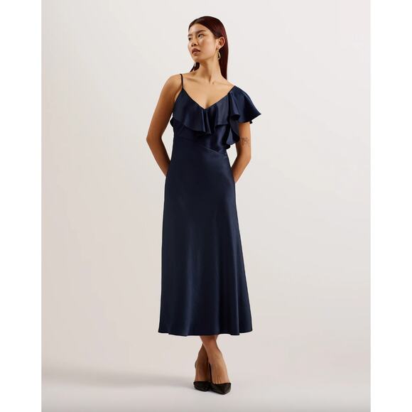 NWT Ted Baker Blue Keomi Waterfall Ruffle Satin Midi Slip Dress, size 3/ US 8 - Picture 1 of 10